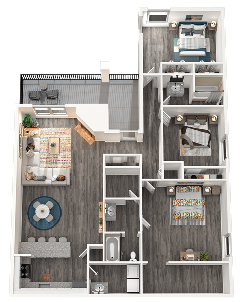 Floor plan for 3 beds, 2 baths, 1514 sqft